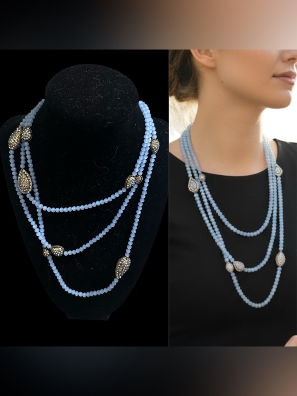HEIDI DAUS Blue Faceted Bead Triple Necklace Crystal Teardrop Accents RARE